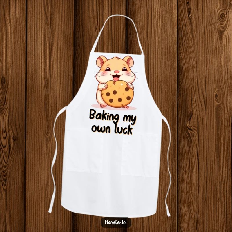 Funny hamster apron depicting a character joyfully eating a huge cookie, ideal for cooking with humor.