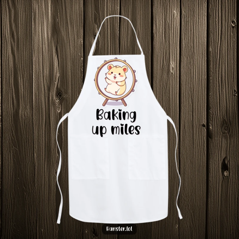 Funny Apron features a hamster comically spinning in a wheel while cooking, adding humorous flair to kitchen activities.
