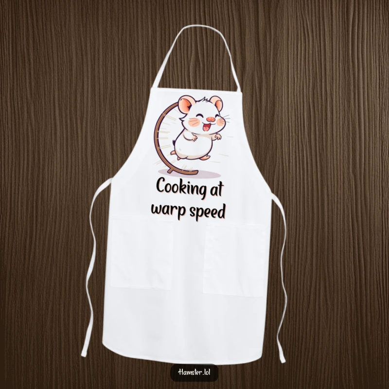 Funny apron featuring a giggling hamster character running at lightning speed on its wheel, ready for a fast-paced meal.