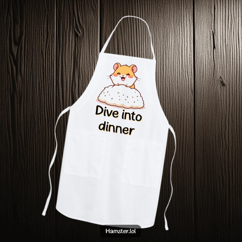 Funny apron featuring a happy hamster character performing a dramatic dive into a pile of bedding, ready for a cozy meal.