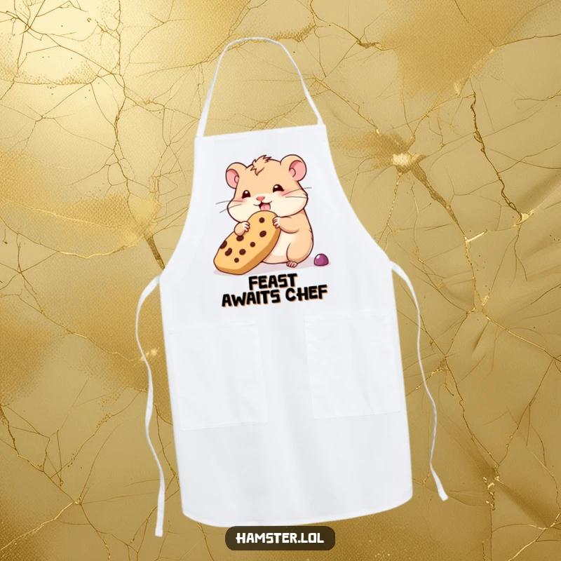 Funny wobbly hamster apron, a hamster trying to hoard an oversized treat while cooking, humorous kitchen attire.