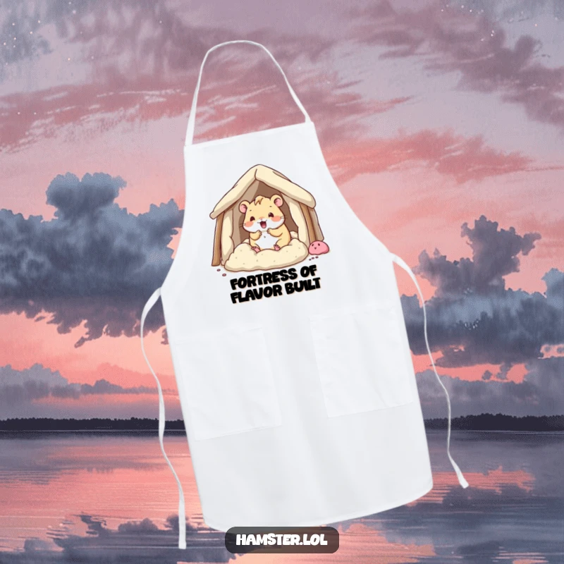 Funny kawaii hamster character building a fort, suggesting kitchen construction on a humorous chef apron.