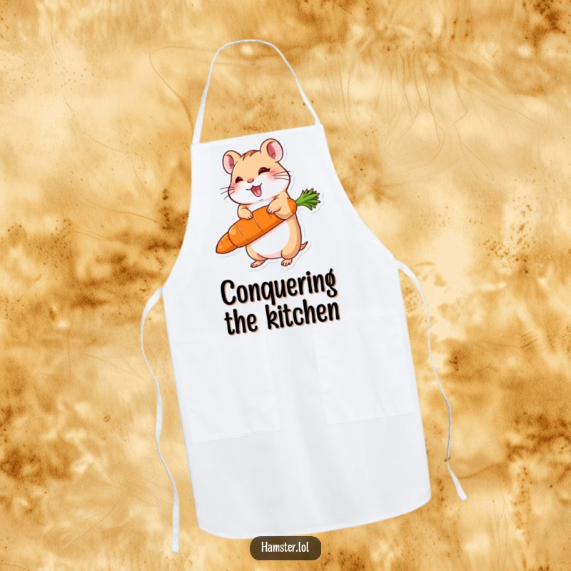 Funny apron featuring a delighted hamster character balancing a carrot much larger than itself, ready to prepare a feast.