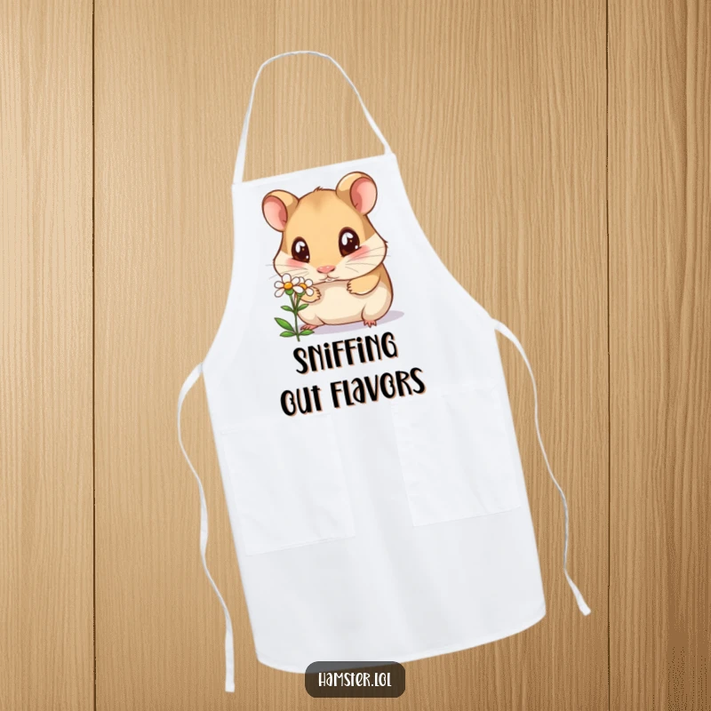 Funny curious hamster apron, a hamster with wide eyes sniffing a tiny flower while cooking, humorous kitchen attire.