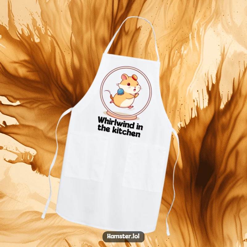 Funny hamster character running fast on a spinning wheel on a humorous and functional apron.