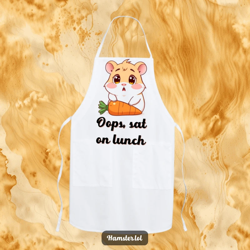Funny apron showing a surprised hamster with wide eyes, accidentally sitting on a carrot, ready for culinary chaos.