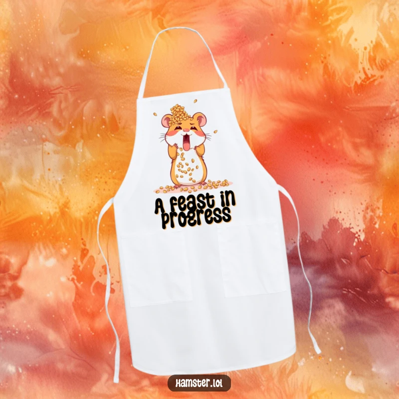 Funny apron showing an excited hamster diligently constructing a tall seed tower, ready for culinary construction.