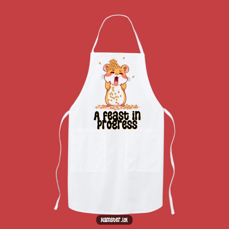 Funny Hamster Apron: Kitchen accessory with excited rodent building seed tower, a fun funny gift
