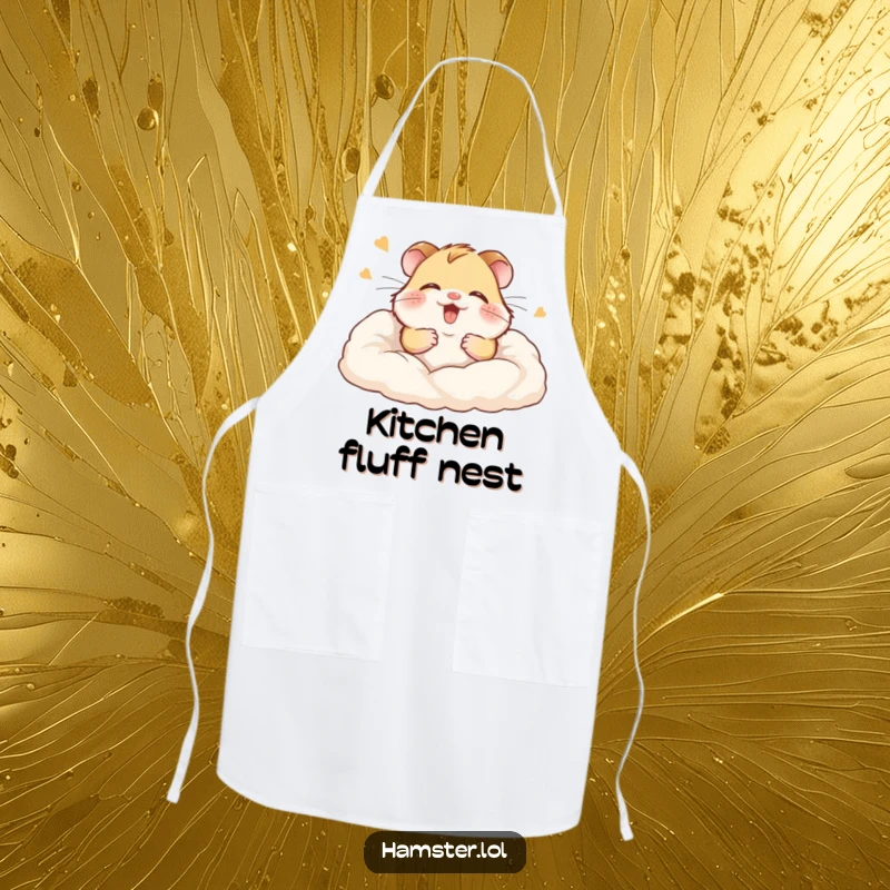 Funny apron showing a giggling hamster happily buried in soft bedding, perfect for cozy kitchen tasks.