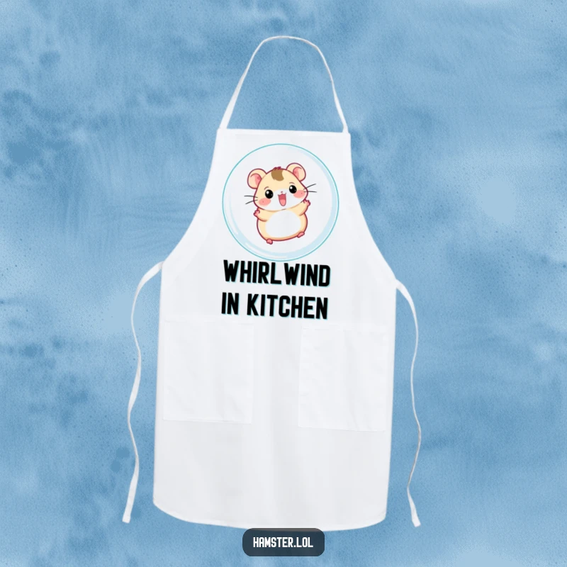Funny hamster ball apron, a cheerful hamster character zipping inside a clear ball while cooking, humorous kitchen attire.