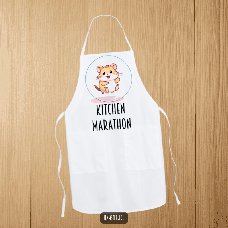 Funny Apron: A playful hamster character enthusiastically rolling inside a transparent ball, bringing kitchen humor.
