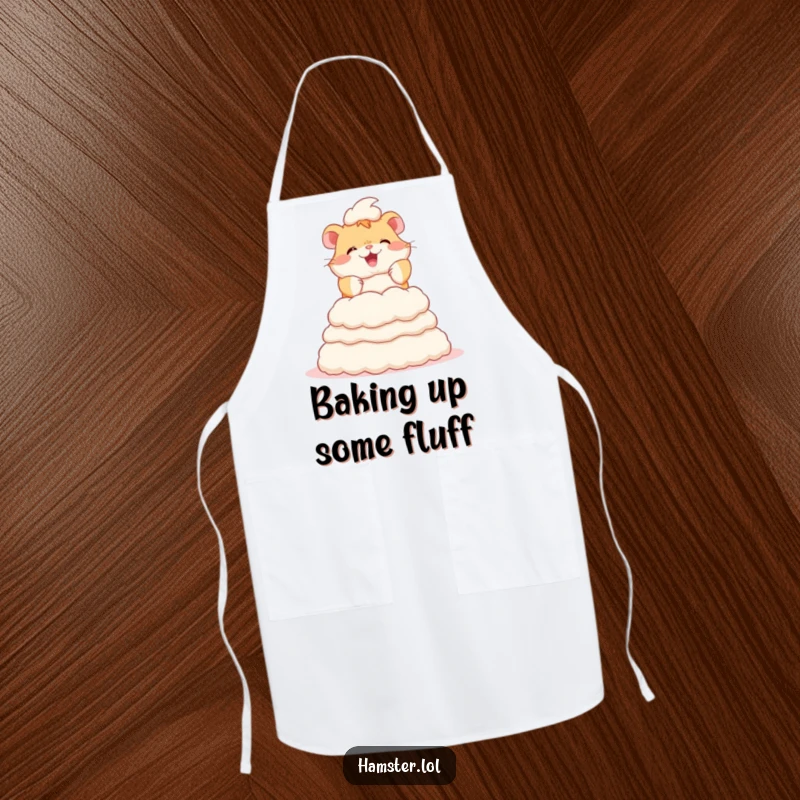 Funny apron featuring a dedicated hamster character joyfully building a large tower of bedding fluff, perfect for culinary creations.