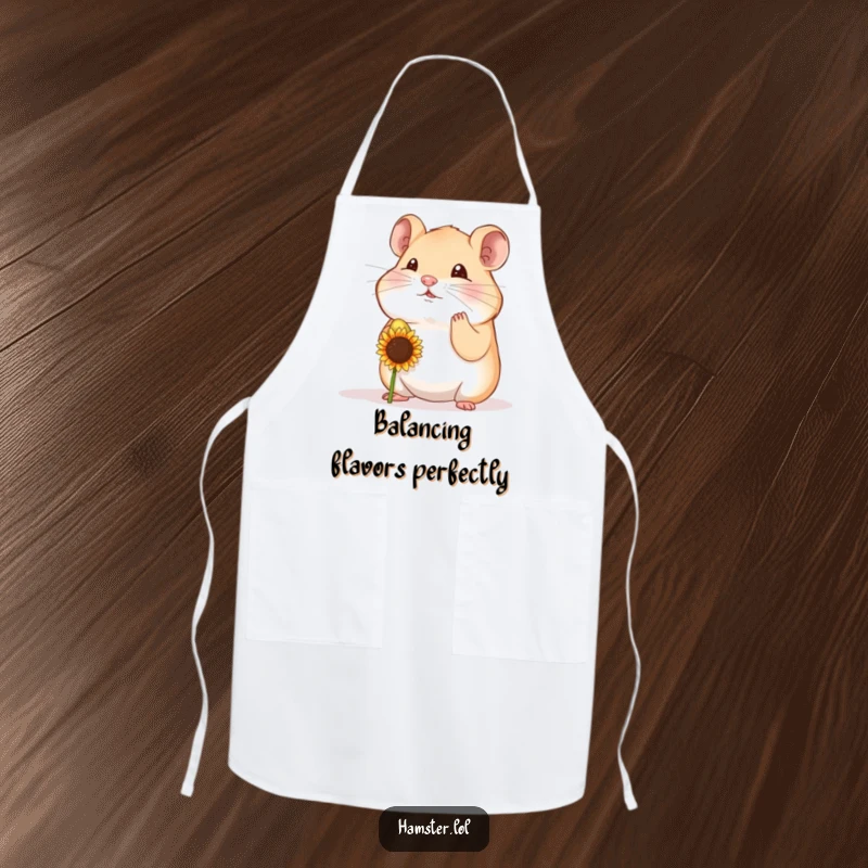 Funny hamster character balancing a seed on its nose, suggesting precision in the kitchen, on a humorous chef apron.