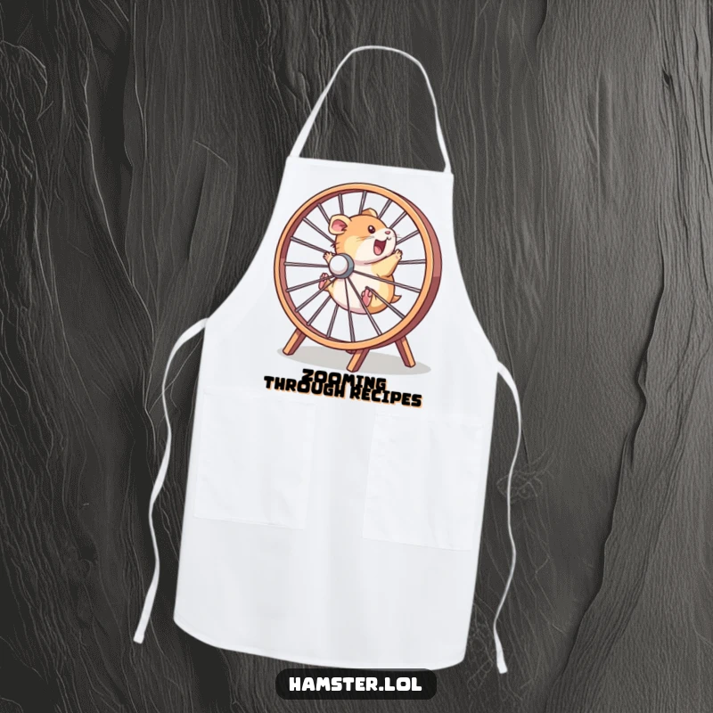 Funny hamster character running in a wheel, suggesting speed in the kitchen, on a humorous chef apron.