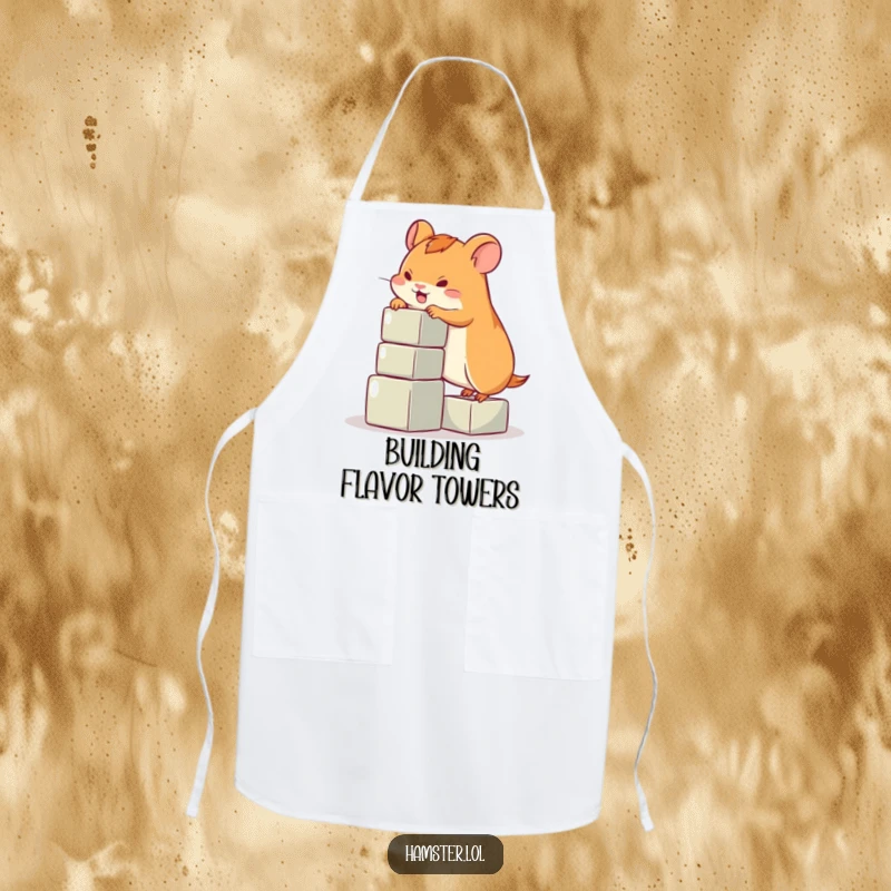 Funny hamster apron, a playful hamster character attempting to climb small blocks while cooking, a humorous kitchen essential.