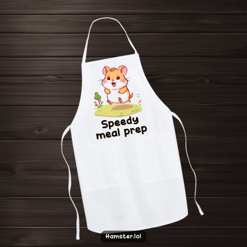 Funny Apron features an energetic hamster dashing across a tiny landscape, adding a humorous and speedy element to cooking.