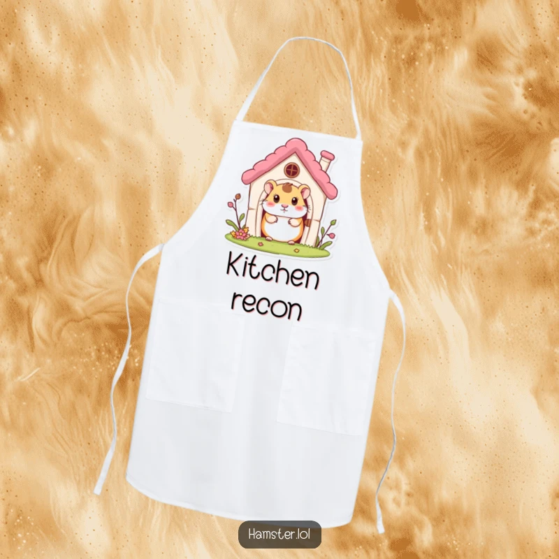 Funny Apron: A curious hamster character peeking out from a miniature house, bringing kitchen charm and humor.