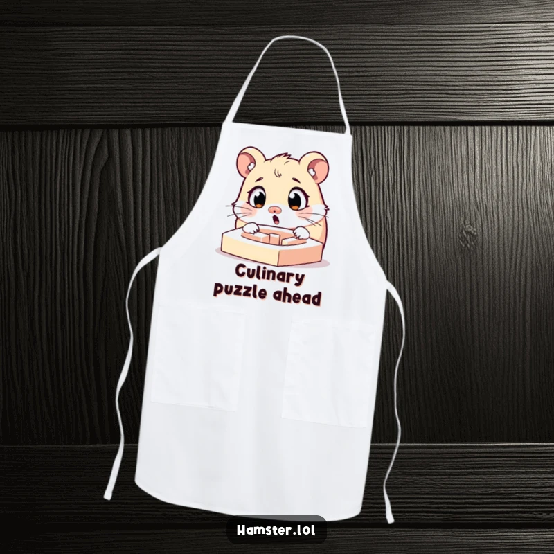 Funny surprised hamster character with widened eyes looking at a tiny maze, a functional and humorous apron.