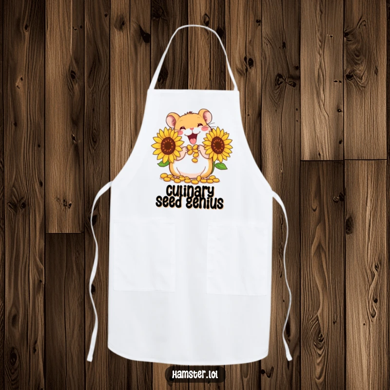 Funny Apron: A cute hamster character gleefully stuffing its cheeks with giant sunflower seeds, bringing kitchen humor.