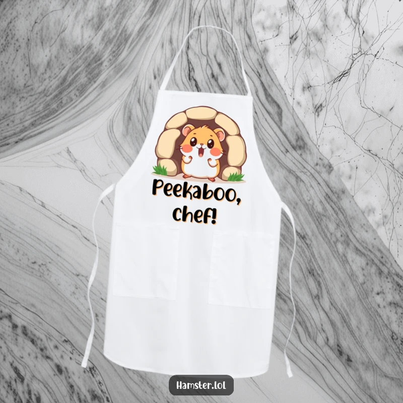 Funny apron featuring a surprised hamster character emerging from a tiny tunnel, looking comically startled while cooking.