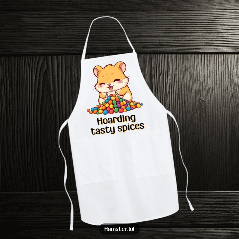Funny hoarding hamster apron, a mischievous hamster character hoarding beads while cooking, humorous kitchen attire.