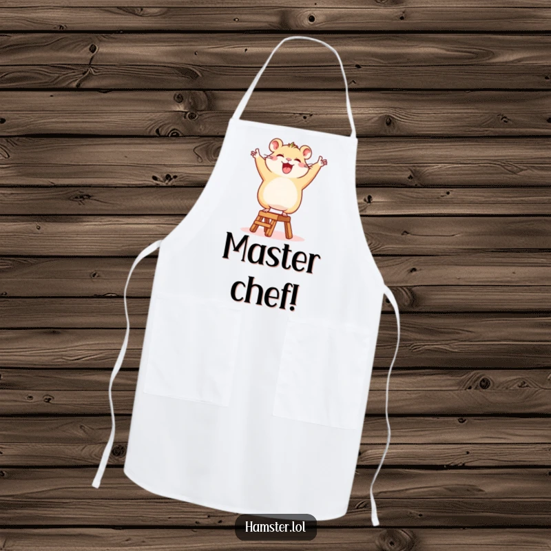 Funny Apron: A happy hamster character triumphantly dancing on a tiny ladder, bringing kitchen celebration humor.