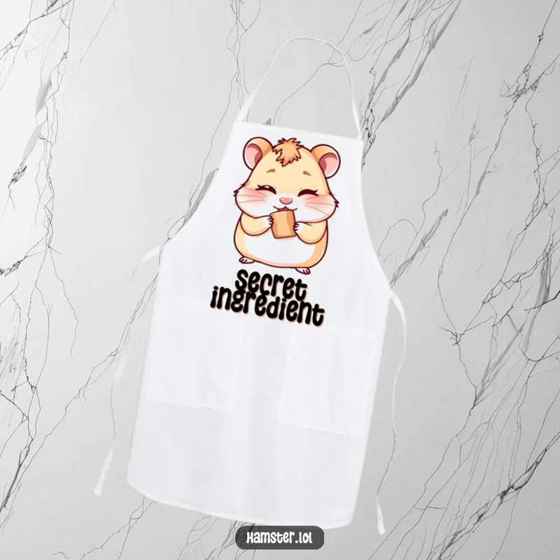 Funny apron showing a cheeky hamster winking slyly while hiding a tiny treat, perfect for kitchen fun.