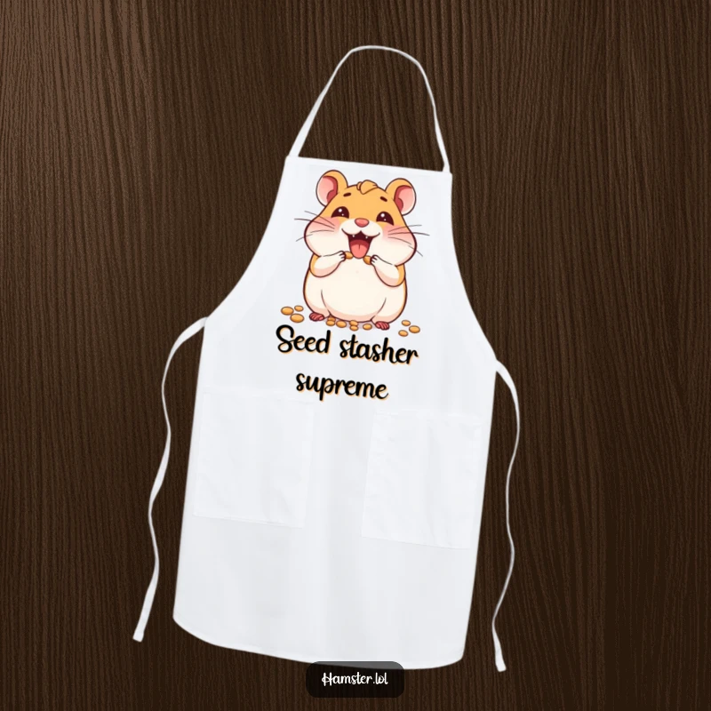 Funny apron featuring a joyful hamster character enthusiastically stuffing its cheeks with seeds, ready for a culinary adventure.