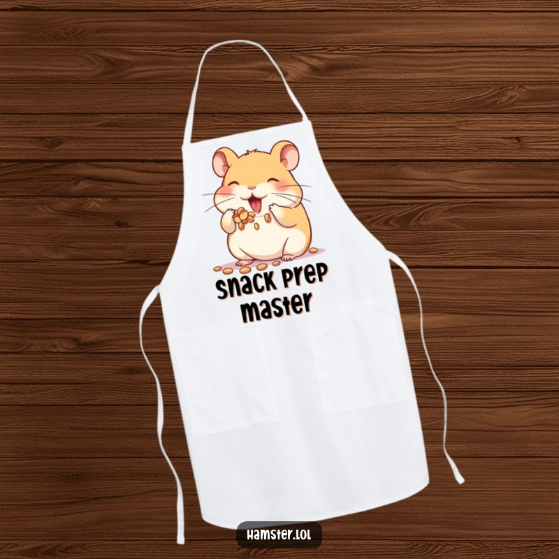 Funny apron featuring a hamster character enthusiastically stuffing its cheeks with seeds, perfect for food lovers and kitchen humor.