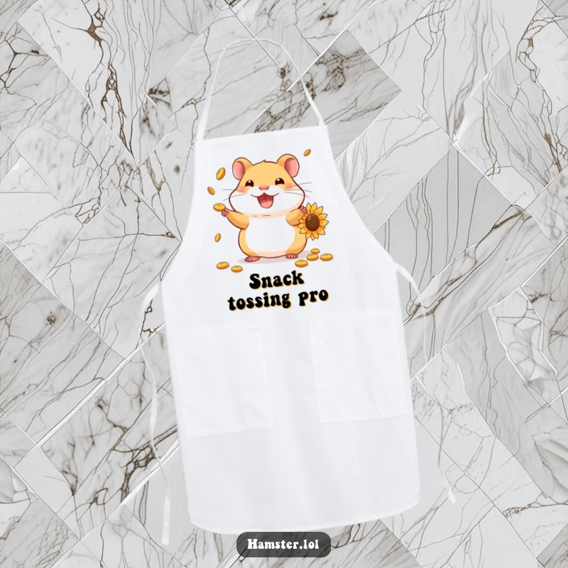 Funny Hamster Apron: Cute hamster juggling sunflower seeds with a grin, ready to add skill and humor to cooking.