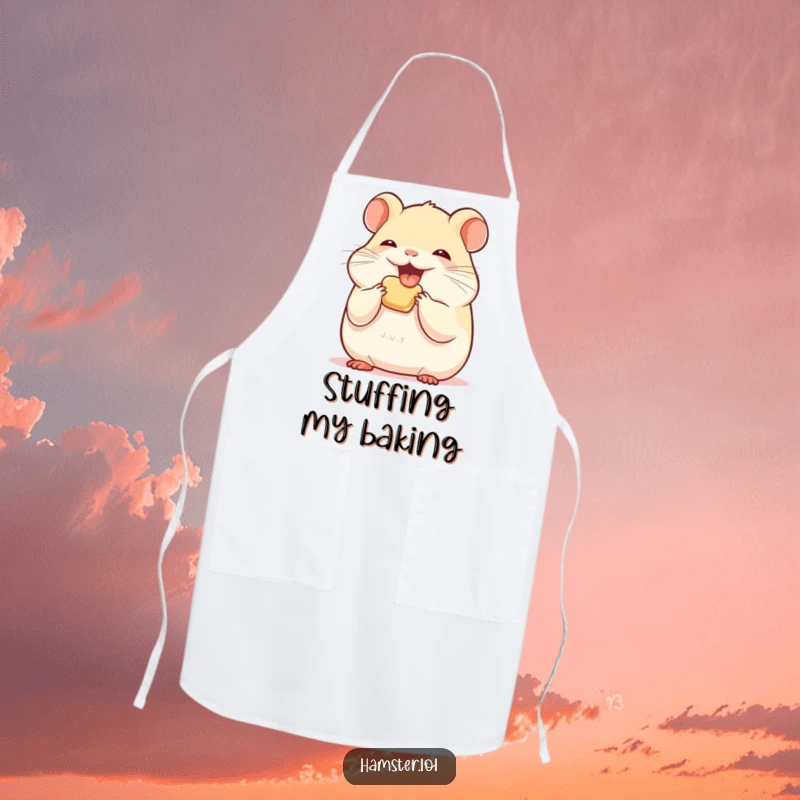 Funny hamster character stuffing its cheeks with joy on a humorous and functional apron.