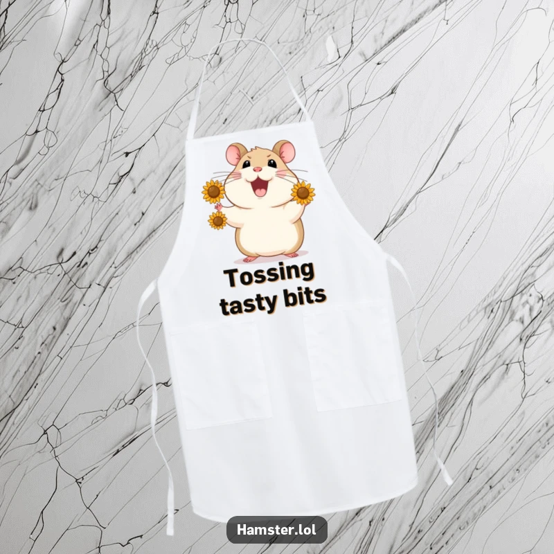 Funny Apron features a hamster juggling sunflower seeds, adding a humorous and skillful element to cooking tasks.