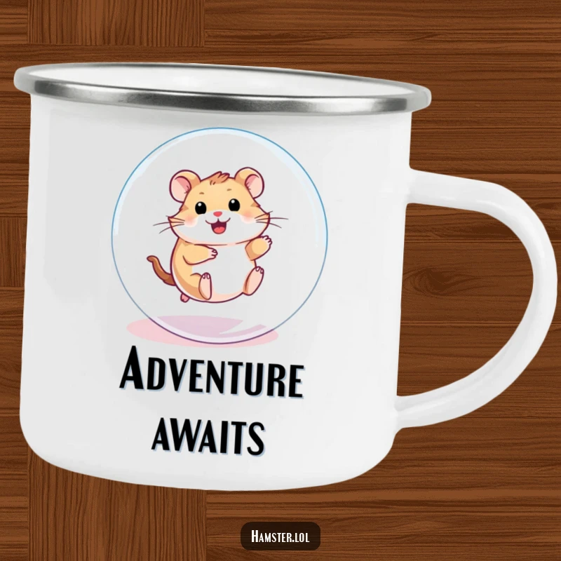 Funny Camping Mug: A playful hamster character enthusiastically rolling inside a transparent ball, perfect for outdoor use.