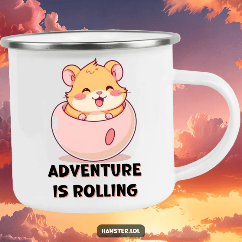 Funny Hamster Camping Mug: Cute hamster joyfully rolling in a ball, ideal for outdoor fun and laughter.