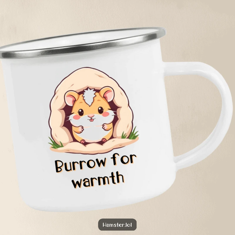 Funny Hamster Camping Mug: Cute hamster peeking from a cozy burrow, ideal for warm outdoor enjoyment.