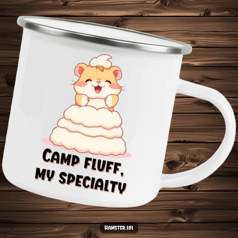 Funny camping mug featuring a cheerful hamster character building a tower of bedding fluff, ideal for outdoor enthusiasts.