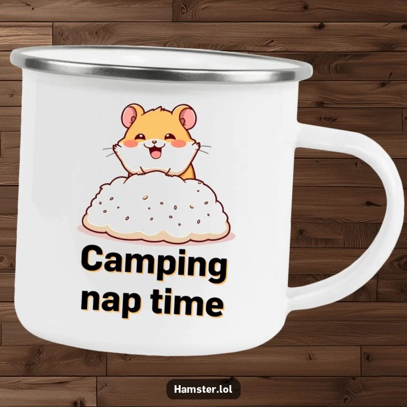 Funny camping mug with a happy hamster character performing a dramatic dive into a pile of bedding, bringing joyful comfort to your travels.