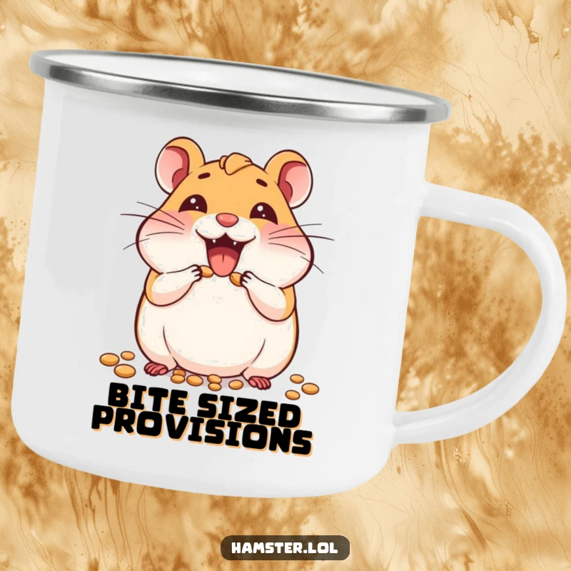 Funny camping mug with a joyful hamster character enthusiastically stuffing its cheeks, perfect for sipping coffee on the go.