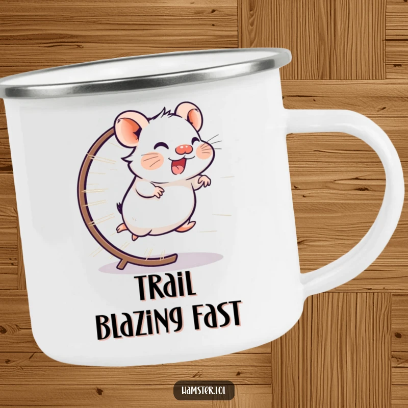 Funny camping mug with a giggling hamster character running at lightning speed on its wheel, bringing energetic fun to your outdoors.