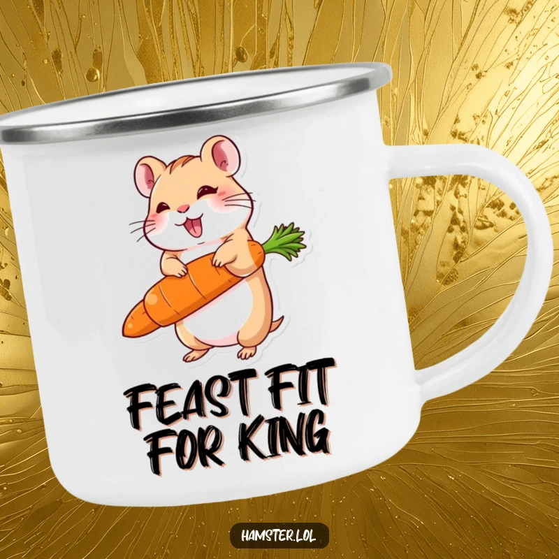 Funny camping mug with a delighted hamster character balancing a carrot much larger than itself, inspiring success on the go.