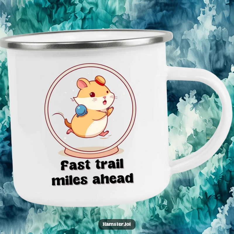 Funny hamster character running fast on a spinning wheel on a durable camping mug for outdoor fun.