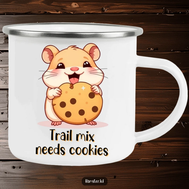 Funny hamster camping mug showing a character joyfully eating a huge cookie piece, perfect for outdoor fun.