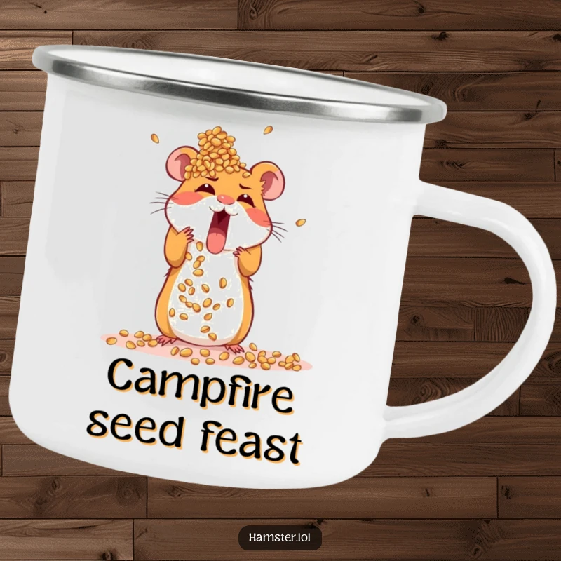 Funny enamel camping mug featuring an excited hamster building a large tower from seeds, perfect for outdoor ambition.