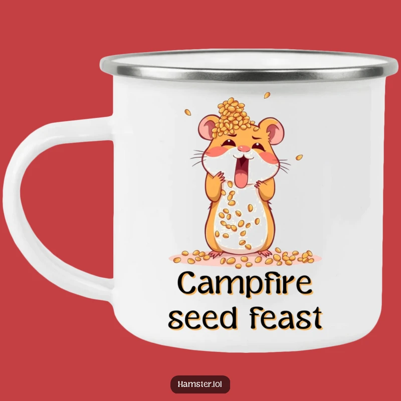Funny Hamster Camping Mug: Enamel mug with excited rodent building seed tower, a rugged funny gift