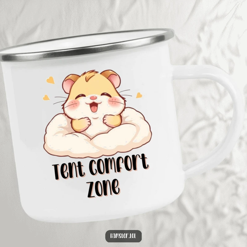 Funny enamel camping mug featuring a giggling hamster buried gleefully in soft bedding, perfect for cozy outdoor sips.