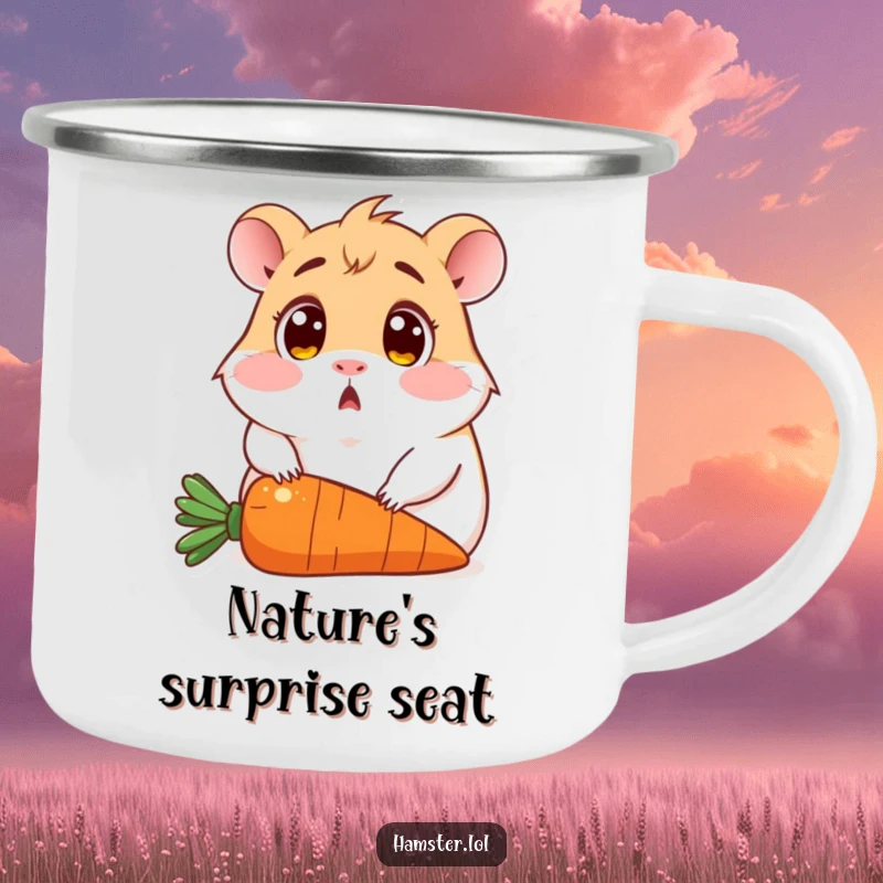 Funny enamel camping mug featuring a wide-eyed, surprised hamster sitting comically on a carrot, perfect for outdoor use.
