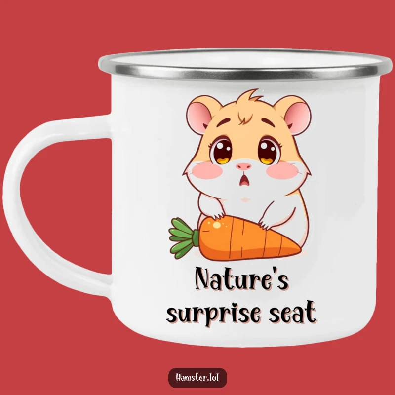 Funny Hamster Camping Mug: Enamel mug with surprised rodent on carrot, a rugged funny gift