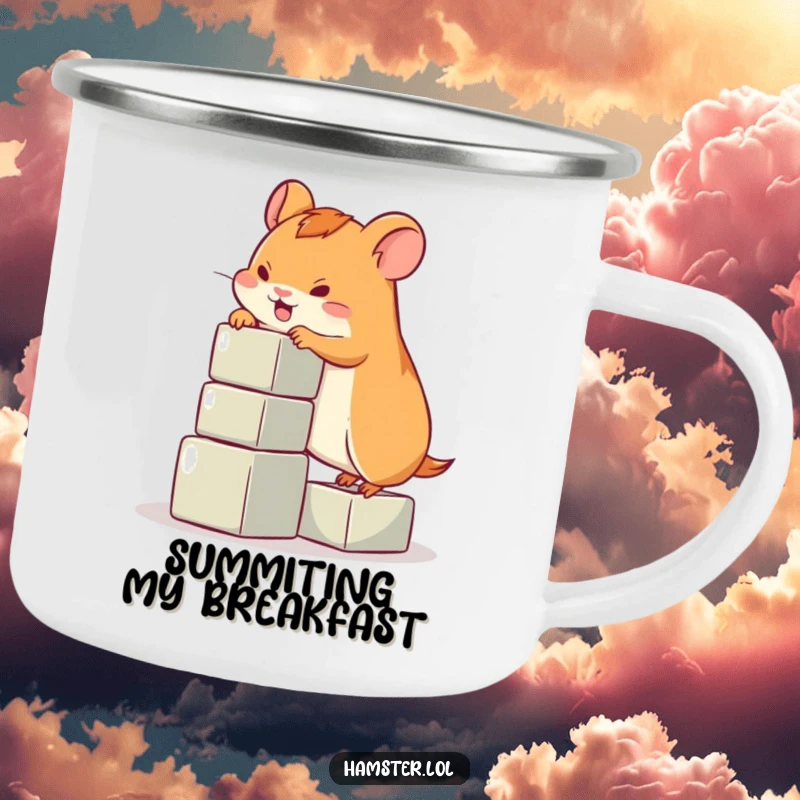 Funny hamster camping mug, a determined hamster character climbing a small stack of blocks in an outdoor setting, humorous and rugged.