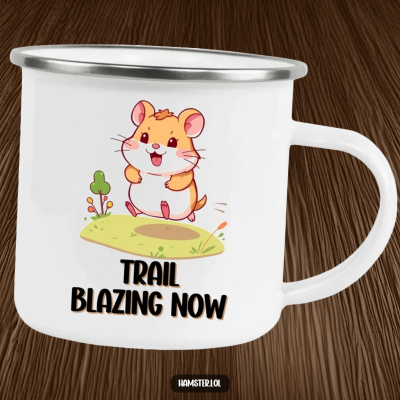 Funny Camping Mug depicts an energetic hamster dashing across a tiny landscape, offering a humorous and dynamic design for outdoor enthusiasts.