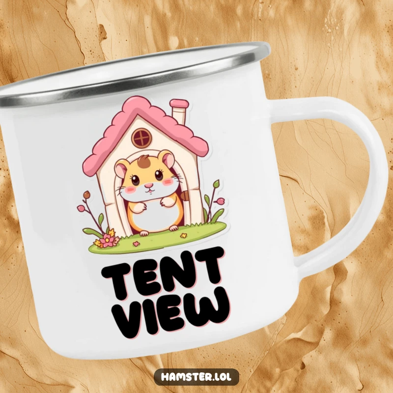 Funny Camping Mug: A curious hamster character peeking out from a miniature house, perfect for outdoor enjoyment.